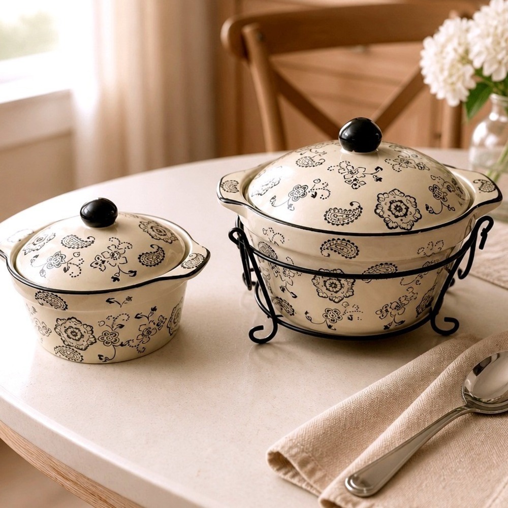 Temp-tations by Tara Paisley Ceramic Casserole Set 2.5QT 1QT Cream Black 5pc‎